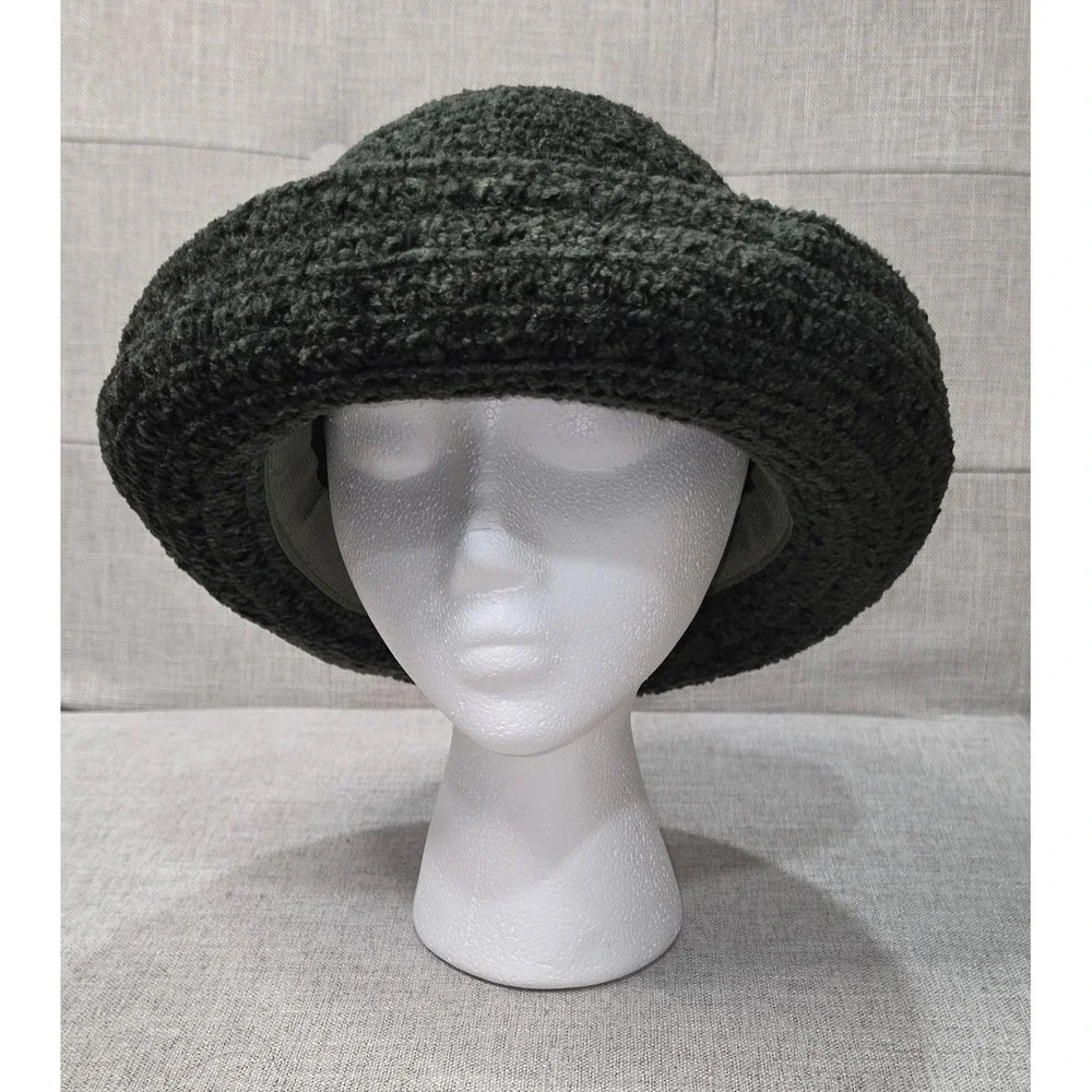 Vintage Dark Green Crochet Bucket Hat Boucle Knit Textured Winter Cloche Hat
